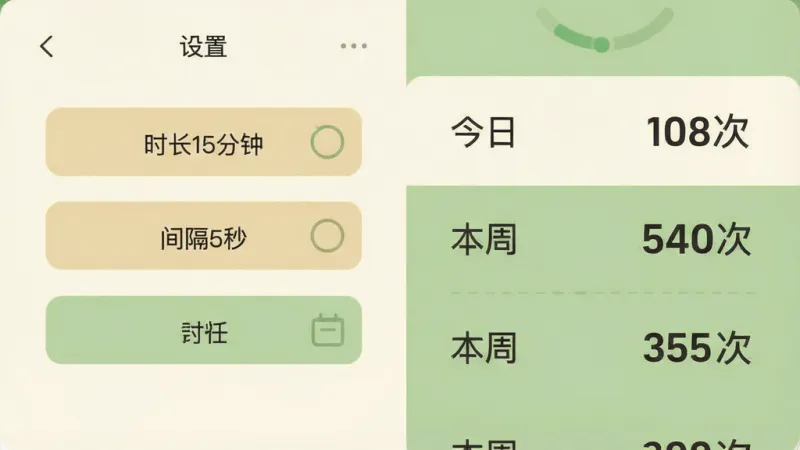 一张扁平化风格的UI界面展示图,画面分为左右两部分,左侧是设置面板,有“时长15分钟”、“间隔5秒”等选项按钮,右侧是统计列表,显示“今日 108次”、“本周 540次”等简洁数据,整体配色以米白色和淡绿色为主,布局清晰,风格温和,画质干净