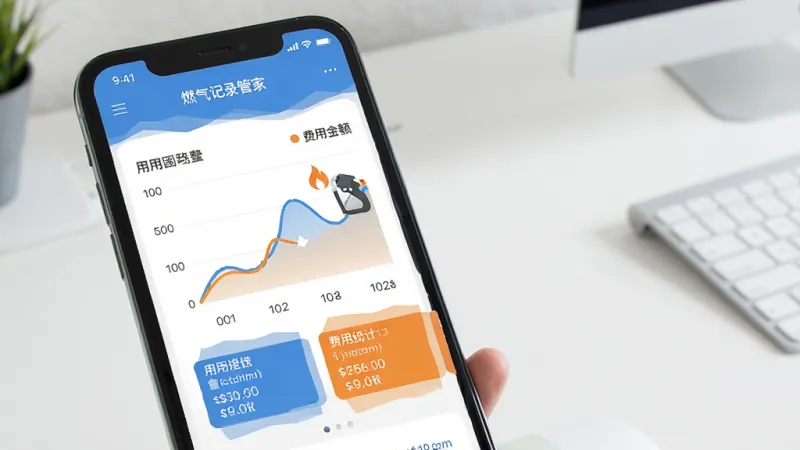 燃气记录管家费用估算界面，手机屏幕显示用量折线图和费用统计卡片，图表用蓝色和橙色区分用量与金额，背景是简洁的桌面环境，风格现代扁平，文字标签清晰，画质干净无多余元素