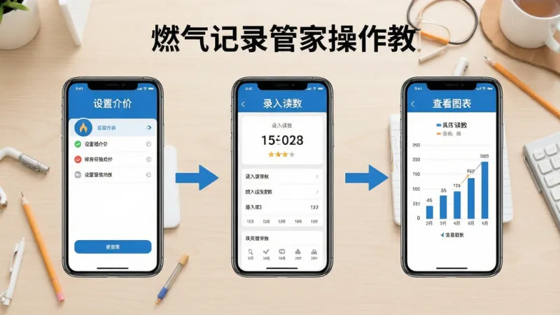 燃气记录管家操作教程示意图，手机屏幕分步骤展示设置单价、录入读数、查看图表三个画面，用箭头连接，背景是浅色桌面，风格教程图解，文字标注清晰，画质干净无多余元素