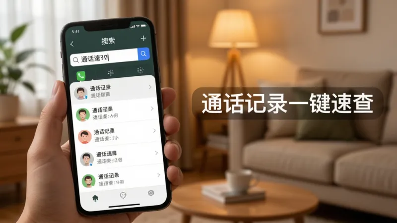 通话记录一键速查软件功能展示图，画面中一只手拿着手机，手机屏幕上显示通话记录搜索界面，搜索框内输入了号码片段，下方立即弹出匹配的记录条目，背景是温馨的室内环境，风格写实，画质清晰，文字标注为“通话记录一键速查