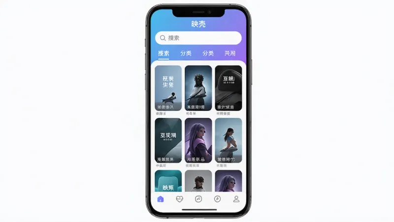 映壳应用主界面展示,手机屏幕中央显示“映壳”App的首页,顶部是搜索栏和分类标签,中间是网格排列的主题预览图,底部是五个导航图标。整体采用圆角卡片设计,配色为清新的蓝紫渐变,界面干净整洁,文字清晰可读,风格现代简约,画质高清,无多余元素。
