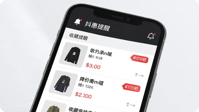 一张“抖惠选”收藏与降价提醒功能的界面图,主体为手机屏幕,布局为收藏列表展示商品缩略图和当前价格,顶部有降价提醒的铃铛图标,排版整齐,风格为清爽的列表式设计,细节上降价标签用红色高亮,画质清晰,无多余元素