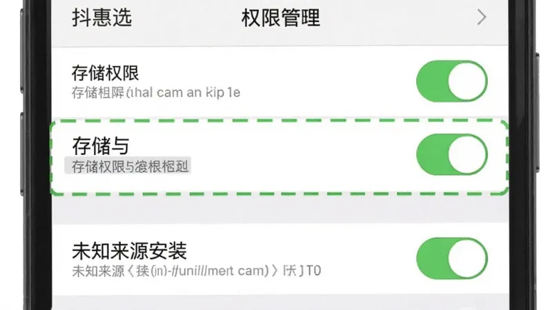 一张展示“抖惠选”在手机上安装权限设置的示意图,主体为手机设置界面截图,布局为权限管理列表,突出显示存储权限和未知来源安装选项,排版清晰,风格为系统原生设置界面,细节上权限开关用绿色高亮,画质干净,无多余元素