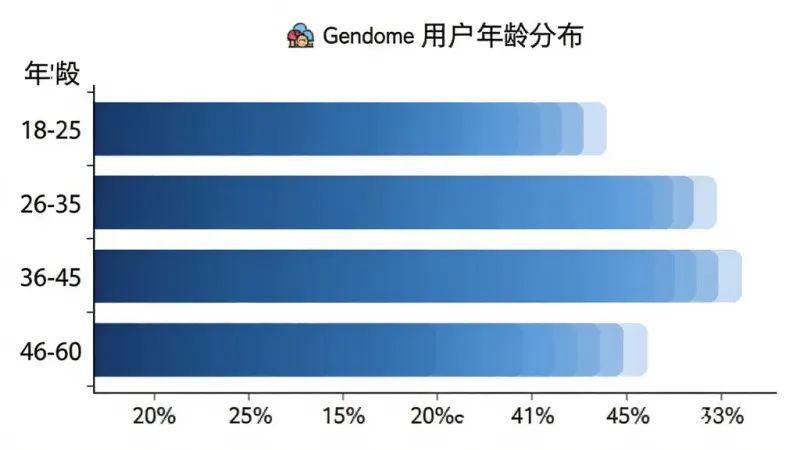 Gendome用户年龄分布柱状图,画面展示横向柱状图,纵轴为年龄段18-25、26-35、36-45、46-60,横轴为占比百分比,柱子颜色为渐变蓝色,背景白色,风格简洁数据可视化,画质清晰,无多余元素