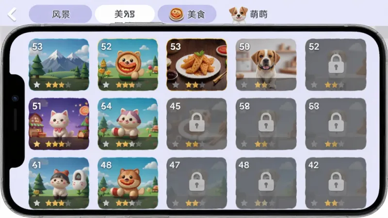 找茬细节局关卡选择界面,手机屏幕显示网格状排列的关卡缩略图,每个缩略图上有编号和星级评价,部分已解锁关卡显示彩色图片,未解锁显示灰色锁图标,顶部有分类标签如风景、美食、萌宠,背景为淡紫色,界面布局整齐清晰,风格简约现代,画质干净无多余元素