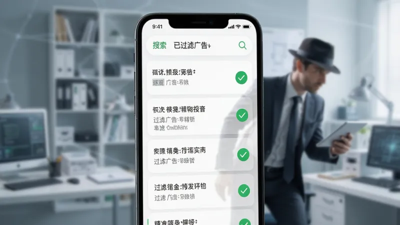 侦探瞬移疾速搜 精准筛选功能展示图,手机屏幕显示搜索结果列表,每个结果旁边有绿色对勾标记,表示已过滤广告,界面以白色为主,绿色点缀,风格清爽,画质干净无多余元素