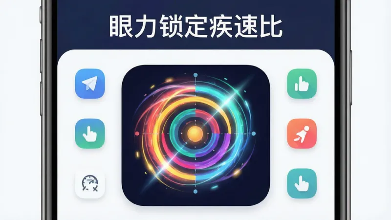 一张展示眼力锁定疾速比应用主界面的图片,画面上方是简洁的应用名称“眼力锁定疾速比”,中间是一个色彩鲜明、带有动态光效的视觉训练目标区域,周围分布着几个待点击的图标,整体布局干净利落,风格现代扁平化,细节圆润,画质清晰,无多余元素