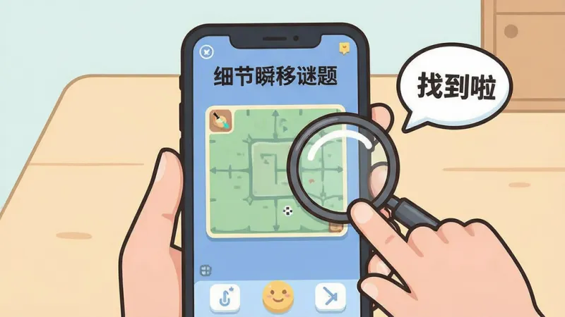 一张卡通风格的手机操作示意图,画面中一只手拿着手机,手机屏幕显示“细节瞬移谜题”的游戏画面,手指正指着画面角落的一个小差异点,画面背景是简单的桌面,排版上手机占据主体,风格为扁平插画风,细节上要有放大镜和“找到啦”的气泡文字,画质清晰,干净,无多余元素