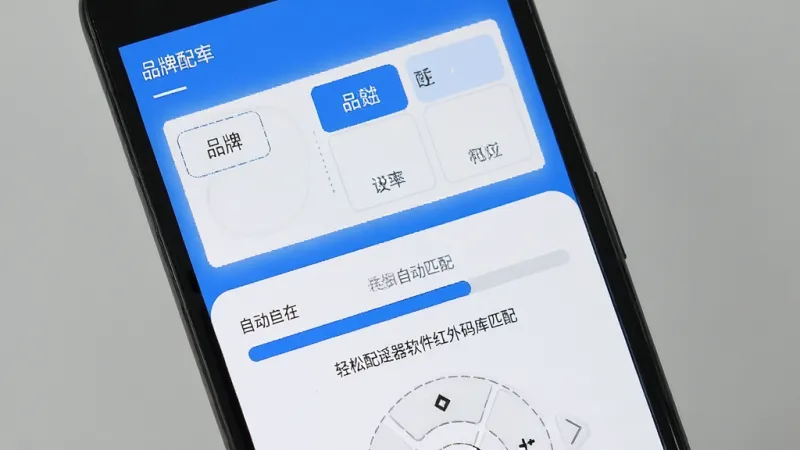 一张展示万能遥控器轻松配软件红外码库匹配界面的手机截图，画面主体是一部安卓手机，屏幕中显示万能遥控器轻松配的设备匹配页面，页面上方有品牌选择区域，下方是正在自动匹配的进度条和提示文字，界面以蓝白配色为主，风格简洁清晰，画质干净，无多余元素，背景为纯色。