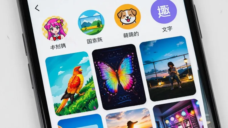 一部智能手机屏幕特写，屏幕中显示趣图壁纸App的壁纸分类页面，页面顶部有动漫、风景、萌宠、文字等圆形分类图标，下方瀑布流展示多张高清壁纸预览图，图片色彩鲜艳、画质清晰，界面风格年轻活泼，布局整齐有序，画质干净无多余元素。