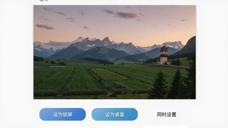 一部安卓手机屏幕显示趣图壁纸App的设置预览界面，画面中一张风景壁纸正在被预览，屏幕下方有“设为锁屏”“设为桌面”“同时设置”三个按钮，界面布局清晰，风格简约现代，画质干净无多余元素。