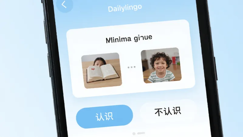 Dailylingo学习界面特写，手机屏幕显示一个英语单词和对应的图片联想记忆卡片，下方有“认识”和“不认识”两个大按钮，背景是淡蓝色渐变，界面布局留白充足，风格小清新，画质清晰，无任何广告横幅元素