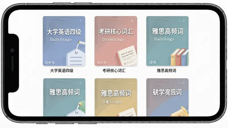 Dailylingo词库选择界面，手机屏幕展示多个词书封面，包括“大学英语四级”、“考研核心词汇”、“雅思高频词”等，封面设计风格统一，色彩柔和，布局为网格状排列，界面干净整洁，风格扁平化，画质清晰，无多余装饰元素