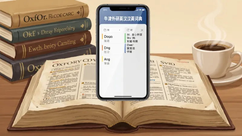 画面中央是一本打开的厚重牛津词典,词典上方悬浮着手机屏幕,屏幕里显示着“牛津外研英汉汉英词典”的查词界面,左侧是英文单词,右侧是中文释义,背景是堆叠的英文原版书籍和一杯冒着热气的咖啡,整体布局采用中心对称构图,风格为温暖写实的插画风,细节上词典纸张有微微泛黄的质感,手机屏幕有轻微反光,画质高清,干净,无多余元素