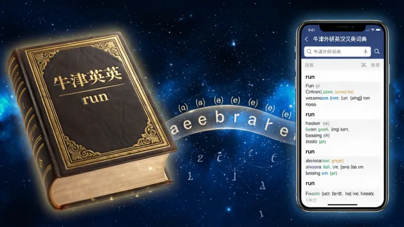 画面左侧是一本发光的厚重词典,右侧是手机屏幕显示着“牛津外研英汉汉英词典”的搜索结果页,屏幕里清晰可见单词“run”的多种释义和例句列表,中间用一道由字母和音标组成的桥梁连接,背景是深蓝色的学术星空风格,布局采用左右对比展示,细节上词典封面有烫金压纹,手机屏幕有轻微发光效果,画质高清,干净,无多余元素