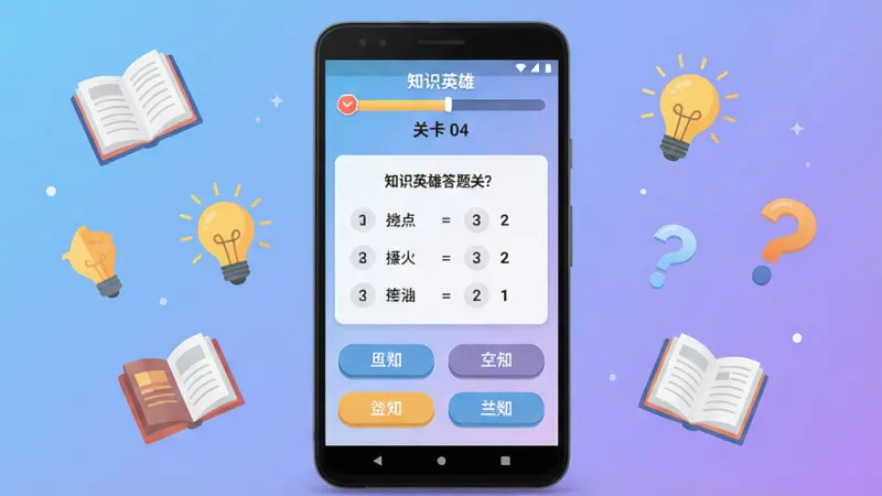 知识英雄答题闯关软件主界面展示，画面中央是一部安卓手机，手机屏幕上显示知识英雄的答题界面，顶部有进度条和关卡数字，中间是一道四选一的选择题，下方有四个选项按钮，背景是柔和的蓝紫色渐变，周围漂浮着书本、灯泡、问号等知识元素图标，整体风格清新明快，扁平化设计，画质干净清晰，无多余杂乱元素