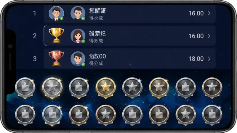 知识英雄排行榜与成就系统展示，手机屏幕上半部分显示排行榜列表，有用户头像、昵称和得分，前三名有金银铜奖杯图标，下半部分展示成就徽章墙，多个圆形徽章排列整齐，部分已点亮部分未解锁，背景为深蓝色星空风格，徽章有金属光泽质感，整体界面清晰有层次感，画质干净无多余元素