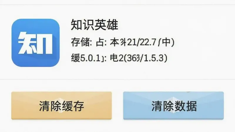 知识英雄手机设置界面截图，画面展示安卓手机的应用管理页面，列表中找到知识英雄应用图标，旁边显示存储占用和缓存大小，下方有清除缓存和清除数据两个按钮，界面为原生安卓风格，文字清晰可辨，整体干净整洁无多余装饰