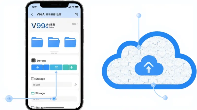 一张展示V99AI本地存储与云备份功能的示意图，主体是手机和云朵图标，手机屏幕显示存储路径设置界面，云朵图标代表云备份。布局左右分栏，左侧手机，右侧云朵。风格为扁平化科技风，细节包括文件夹图标、存储条、云朵纹理。画质清晰，干净，无多余元素。
