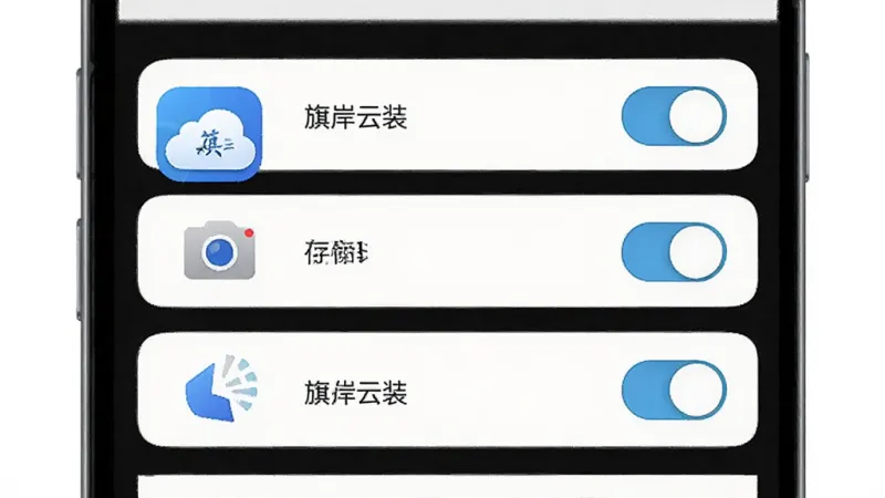 旗岸云装权限设置界面示意图，画面展示手机屏幕上的权限管理页面，带有“旗岸云装”图标，旁边有存储、相机、位置等权限开关按钮，布局为纵向列表，风格简约清晰，细节图标圆润，画质干净无杂乱背景