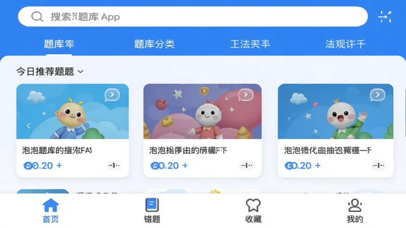 泡泡题库App主界面截图，顶部显示搜索框和题库分类标签，中间是今日推荐题目卡片，底部为首页、错题、收藏、我的四个导航按钮，整体采用蓝白配色，风格简洁清新，画面干净无多余元素，画质清晰