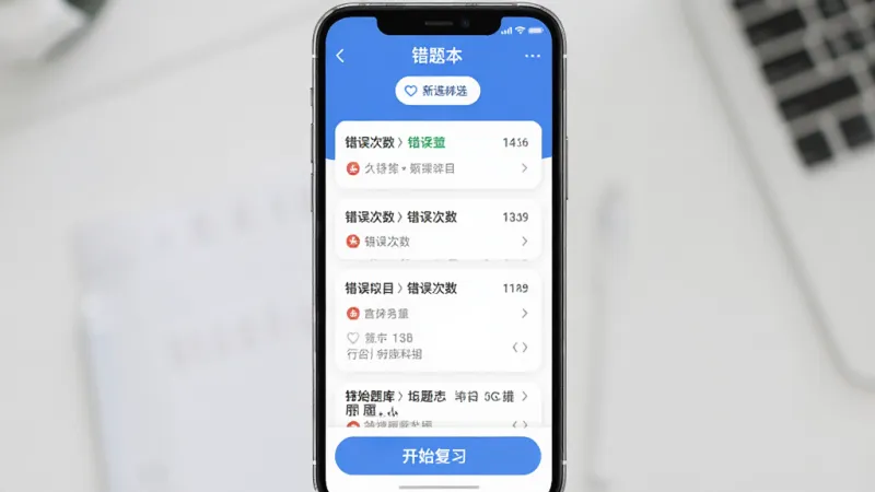 泡泡题库错题本界面截图，手机屏幕显示错题列表，每道题标注了错误次数和所属科目，顶部有筛选按钮，底部有开始复习按钮，界面采用卡片式布局，蓝白配色，风格简洁现代，画质干净