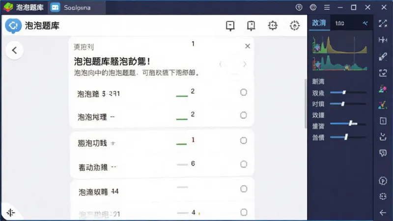 泡泡题库在安卓模拟器上运行的界面截图，电脑屏幕显示模拟器窗口，窗口内是泡泡题库的刷题界面，题目和选项清晰可见，模拟器侧边栏有性能设置选项，整体画面干净，画质清晰