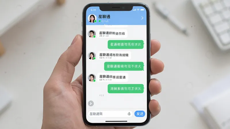 一张展示星聊通聊天界面的图片,主体是手机屏幕,布局为顶部显示对方昵称和在线状态,中间是聊天气泡对话内容,底部是输入框和发送按钮,排版整齐,风格清新简约,细节清晰,画质干净无多余元素,画面中出现“星聊通”