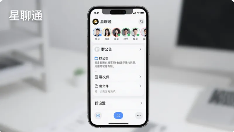 一张展示星聊通群组管理功能的图片,主体是手机屏幕,布局为顶部显示群名称和成员头像列表,中间是群公告和群文件区域,底部是群设置选项,排版清晰,风格商务简约,细节圆润,画质干净无多余元素,画面中标注“星聊通”