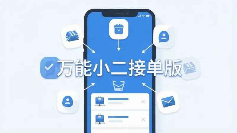 一张扁平化风格的手机界面插图，画面中央显示“万能小二接单版”文字，界面中有多个订单来源图标汇聚到一个收件箱列表，蓝白配色，布局清晰，画质干净，无多余元素