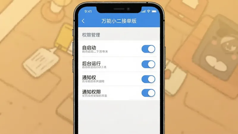 手机设置界面截图风格插图，画面中显示“万能小二接单版”的权限管理页面，有自启动、后台运行、通知权限等开关选项，蓝白配色，布局清晰，画质干净，无多余元素