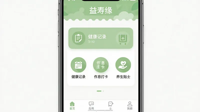 益寿缘应用主界面展示,画面中央是手机屏幕,屏幕内显示益寿缘APP首页,顶部有“益寿缘”字样,页面以浅绿色和白色为主色调,中间排列着健康记录、作息打卡、养生贴士三个圆形功能图标,底部为导航栏,背景干净简洁,扁平化设计风格,画质清晰,无多余元素