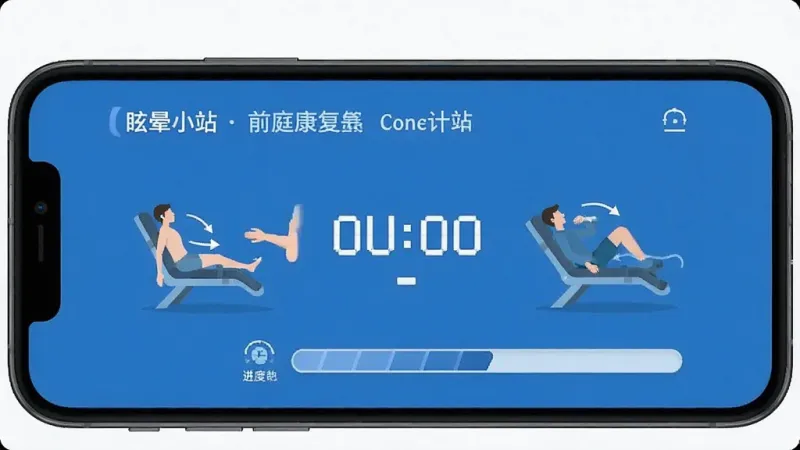 眩晕小站 前庭康复训练界面 手机屏幕显示 训练动作示意图 计时器倒计时 进度条 蓝色主色调 简洁排版 文字清晰 干净无多余元素