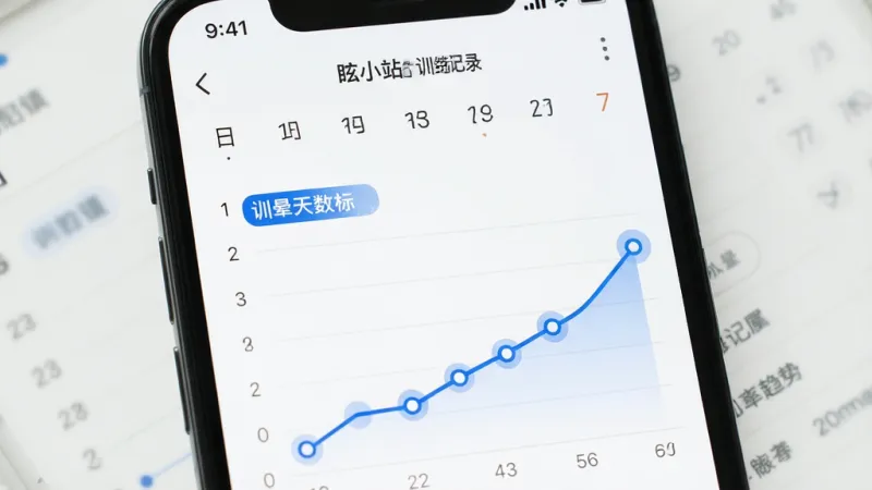 眩晕小站 训练记录页面 手机屏幕 日历视图 训练天数标记 趋势折线图 蓝色数据点 简洁界面 干净布局 高清画质