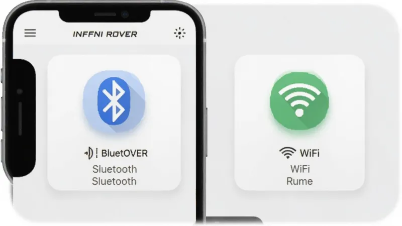 一张展示INFFNI ROVER连接方式选择界面的图片,画面中手机屏幕显示INFFNI ROVER应用,屏幕上有蓝牙和WiFi两个大图标按钮,每个按钮下方有状态文字,背景是浅灰色,布局左右对称,风格扁平化设计,细节包括图标阴影和按钮圆角,画质干净清晰无多余元素