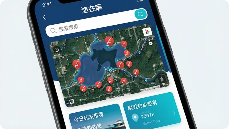 一张手机屏幕展示着“渔在哪”App的主界面,界面以深蓝色和青色为主色调,中间是一张带有湖泊和河流标记的卫星地图,地图上散布着红色的钓鱼图标,屏幕上方有搜索栏,下方卡片显示着“今日钓友推荐”和“附近钓点距离”,整体布局清晰,风格现代简约,画质干净明亮,无多余元素