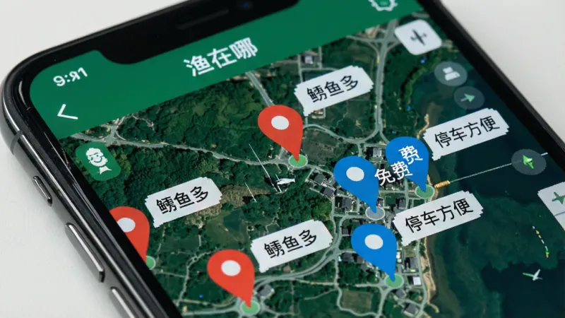 手机屏幕特写,显示“渔在哪”App的实时钓点地图界面,地图上有一个个红色和蓝色的定位图钉,图钉旁边有小气泡显示“鲫鱼多”“免费”“停车方便”等标签,背景是绿色的卫星地图,画面风格写实,细节清晰,画质干净