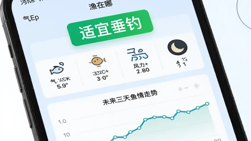 手机屏幕显示“渔在哪”App的天气鱼情页面,上方是一个大大的“适宜垂钓”绿色标签,中间有气压、温度、风力、月相的图标和数值,下方是一个折线图显示未来三天鱼情走势,整体设计简洁,数据一目了然,背景为淡蓝色,画质干净