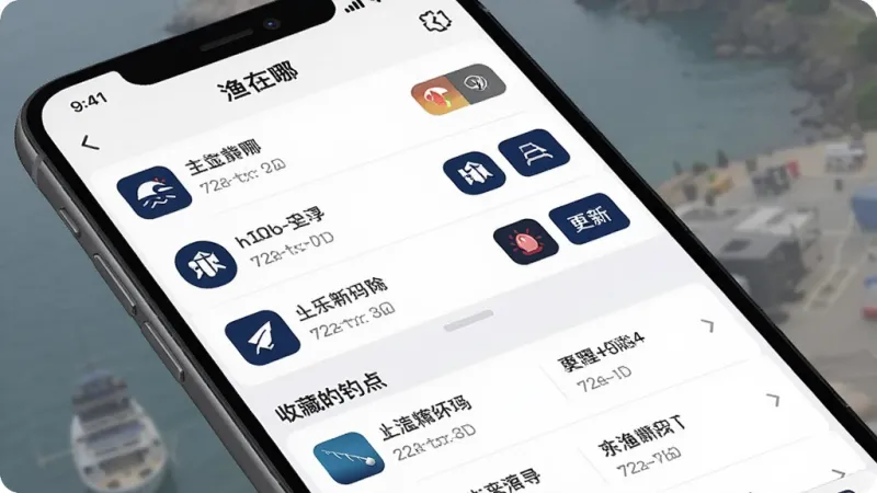 手机屏幕展示“渔在哪”App的离线地图管理界面,列表中有几个已下载的区域名称和大小,旁边有删除和更新按钮,下方有“收藏的钓点”分组,显示着几个钓点名称和距离,界面以白色为主,图标为深蓝色,风格简洁高效