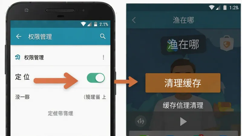 一张示意图,左边是安卓手机设置界面,箭头指向“权限管理”中的“定位”开关,右边是“渔在哪”App的缓存清理页面,中间有“清理缓存”按钮,整体风格为扁平化教学图示,颜色清晰,文字标注明确,画质干净无多余元素