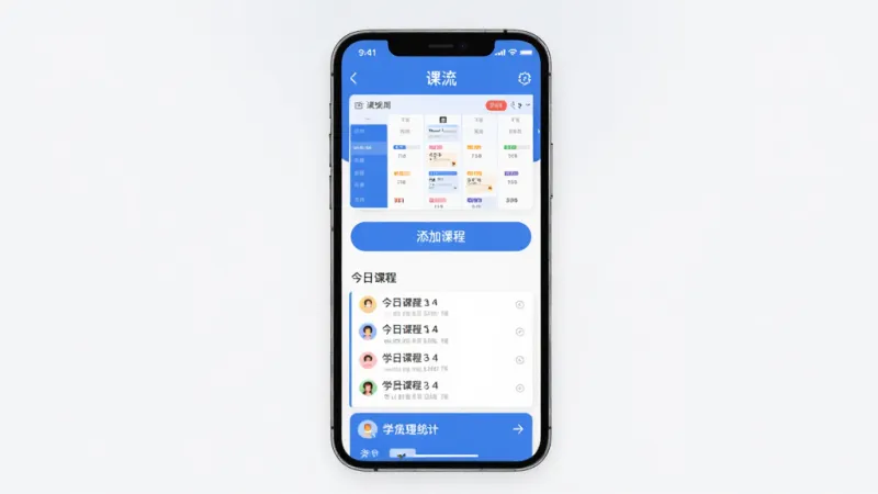 软件核心全貌展示图,画面中央是手机屏幕,屏幕内显示“课流”App的主界面,顶部有课程表周视图,中间是添加课程的按钮和今日课程列表,底部是学员管理和统计入口,整体布局清晰,风格简洁现代,蓝白配色,画质干净无多余元素,扁平化设计,文字清晰可辨