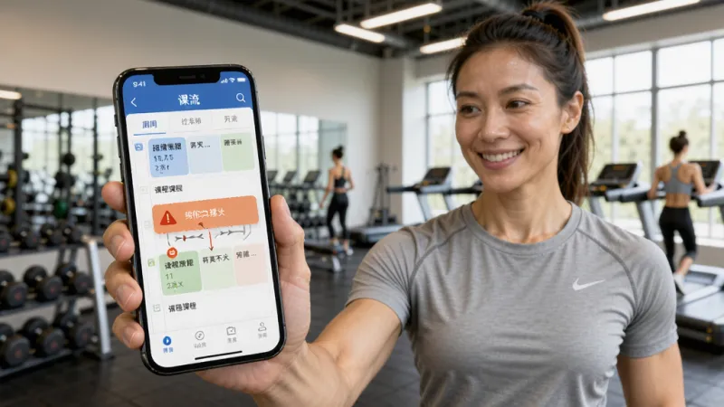一位健身教练拿着手机正在使用“课流”App排课,手机屏幕显示周课程表视图和冲突提醒弹窗,背景是健身房环境,教练表情轻松,画面明亮,风格写实,细节丰富,画质清晰,无多余元素