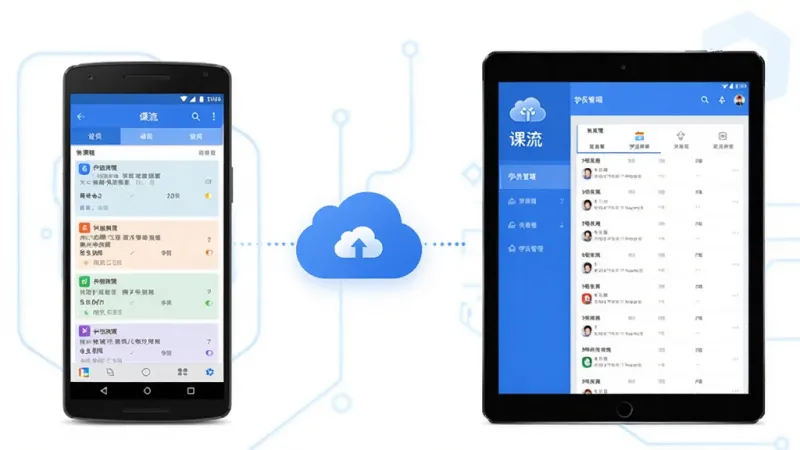 “课流”App多端同步概念图,画面左侧是安卓手机显示课程表,右侧是平板电脑显示学员管理界面,中间用云朵图标连接,表示数据同步,整体风格科技简洁,蓝白主色调,画质干净,布局清晰,无多余元素