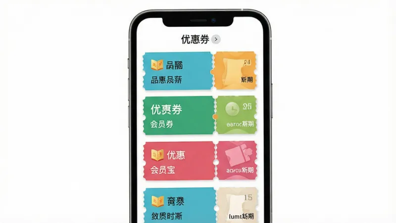 一张展示“会员宝”优惠券管理界面的图片，主体是手机屏幕，屏幕上方显示“优惠券”标签，下方整齐排列着几张不同颜色的优惠券卡片，每张卡片上有品牌名称和有效期，布局为纵向列表，风格清新简洁，细节清晰，画质干净，背景为纯白色，无多余元素。