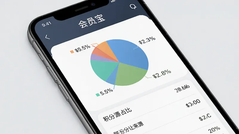 一张展示“会员宝”积分统计页面的图片，主体是手机屏幕，屏幕中央有一个饼状图显示不同积分来源的占比，下方有列表显示具体积分数值，布局清晰，风格商务简约，细节精致，画质干净，背景为浅灰色，无多余元素。