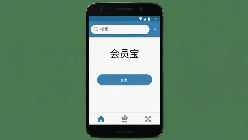 一张展示“会员宝”在手机上运行的图片，主体是手机屏幕，屏幕显示“会员宝”主界面，底部有三个标签图标，顶部有搜索框，中间有添加按钮，布局符合安卓规范，风格扁平化，细节清晰，画质干净，背景为纯色，无多余元素。