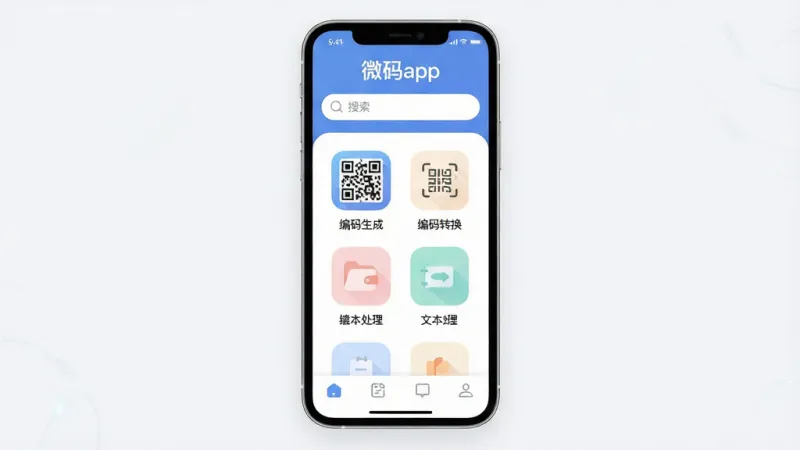 微码app核心界面全貌展示，主体是一个现代简约风格的手机屏幕，屏幕中央显示着微码app的主页，布局清晰，顶部有醒目的软件名称“微码app”和简洁的搜索栏，中间区域排列着二维码生成、编码转换、文本处理等核心功能图标，图标设计扁平化且色彩柔和，底部有导航栏，整体排版干净整洁，风格现代科技感，细节圆润无多余装饰，画质高清，2K分辨率，无任何杂乱元素