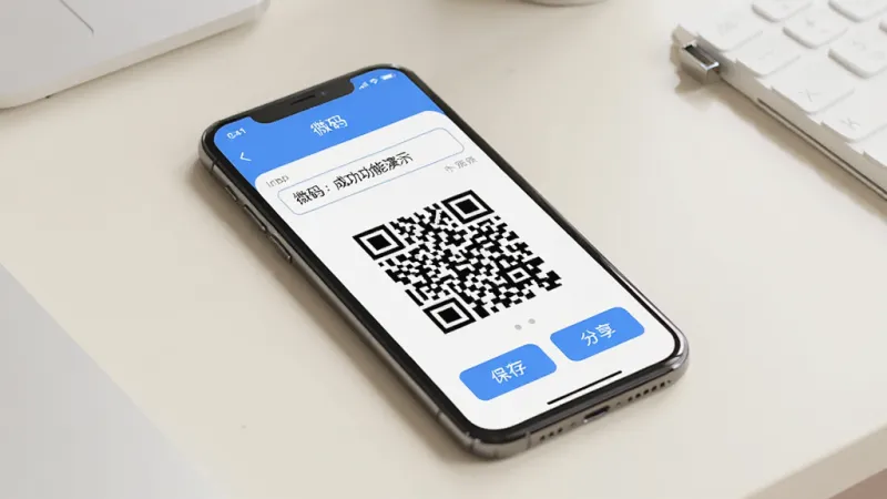 微码app二维码生成功能演示场景，画面主体是一部手机，屏幕上显示着微码app的二维码生成界面，输入框里有一段文字，下方实时生成了一个清晰的黑白二维码，旁边有保存和分享按钮，背景是简洁的浅色工作台，风格现代扁平，细节清晰，画质干净，无多余元素