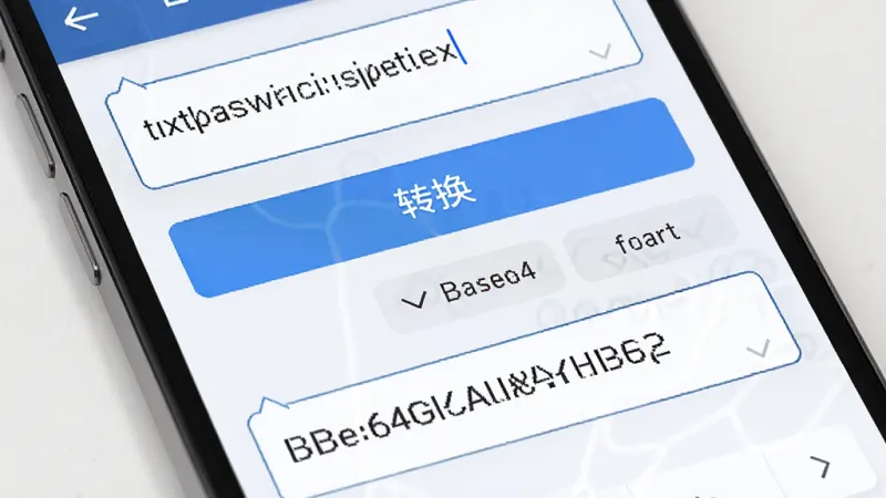 微码app编码转换功能界面特写，手机屏幕显示着编码转换工具页面，上方输入框有原始文本，下方输出框显示着转换后的Base64编码结果，界面中间有清晰的转换按钮和格式选择标签，整体排版逻辑分明，风格简约商务，细节精致，画质清晰，无杂乱元素
