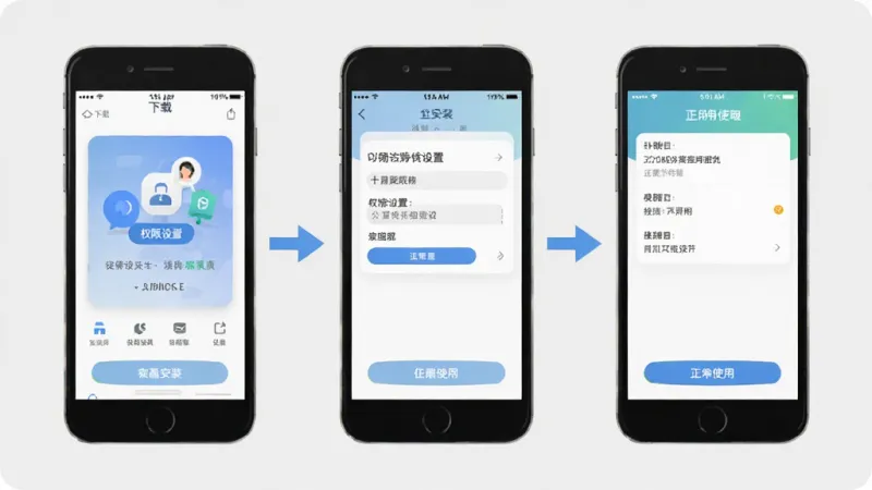 微码app安装使用步骤示意图，画面展示三部手机并排，分别显示下载安装、权限设置、正常使用三个阶段的界面，手机之间有箭头连接表示流程，背景是简洁的浅灰色，风格扁平化信息图，细节明确，画质清晰，无多余元素
